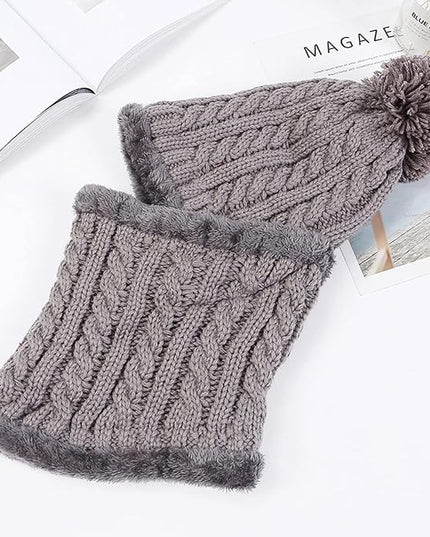HUAMULAN Women Winter Beanie Hats One Piece Fleece Lined Knit Balaclavas Mask Set Skull Neck Circle Scarf Ski Snow Hat Pompom