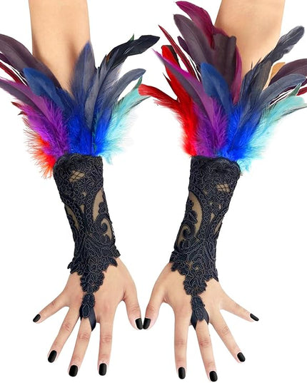 HOMELEX Women Black Lace Feather Gloves Witch Angel Costume Accessories Swan Wings Wrist Bands