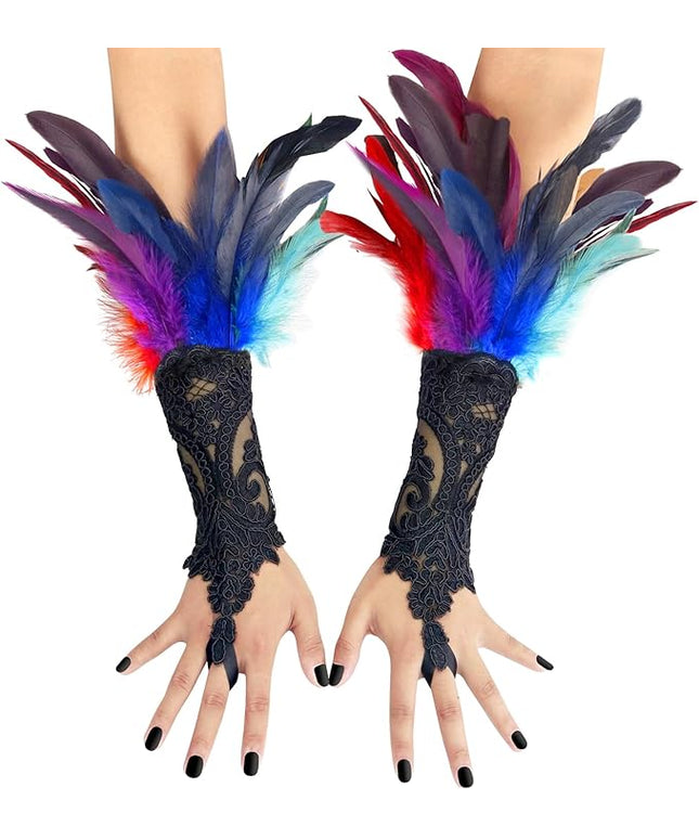 HOMELEX Women Black Lace Feather Gloves Witch Angel Costume Accessories Swan Wings Wrist Bands