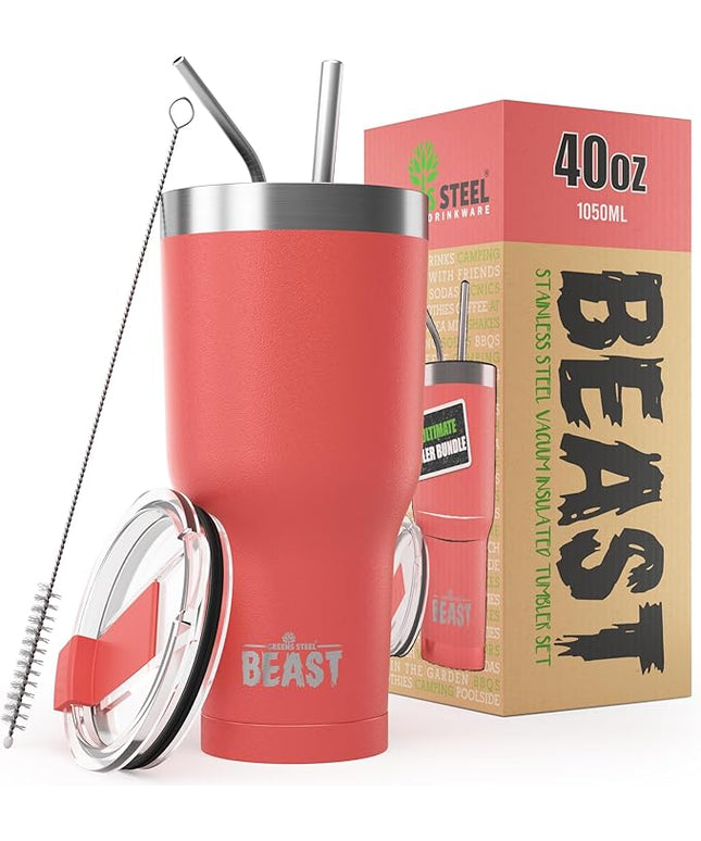 Beast 40 oz Tumbler Stainless Steel Vacuum Insulated Coffee Ice Cup Double Wall Travel Flask (Coral Pink)