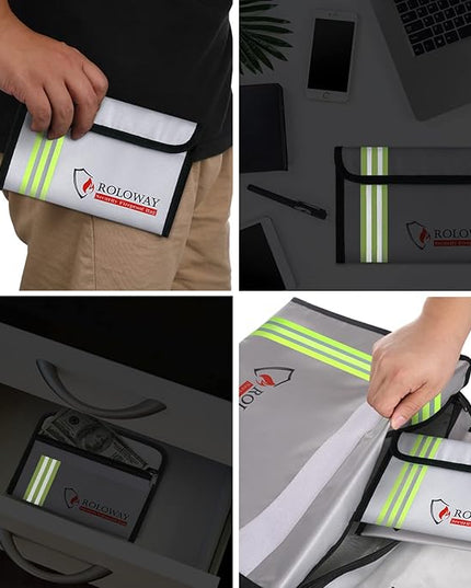 ROLOWAY Small Fireproof Bag (5 x 8 inches) with Reflective Strip, Non-itchy Fireproof Money Bag for Cash, Valuables, Passport, Currency & Keys (2-Pack Silver)