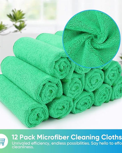 HOMEXCEL Green Microfiber Cleaning Cloth, 12 Pack Premium Microfiber Towels for Cars, Lint Free, Scratch-Free, Highly Absorbent, Reusable Cleaning Rags for Car, Household, Kitchen, Window,11.5"X11.5"