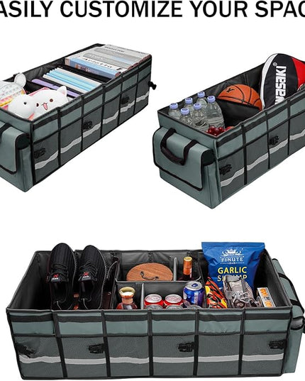 Car Trunk Organizer and Storage with Removable Leakproof Cooler Bag, 6 Removable Dividers for Custom Space, Collapsible Trunk Storage with Non Slip Bottom, Foldable Cover for SUV, Jeep, MPVs