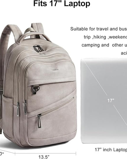 43L Backpack for Women Men - Vegan Leather Backpack Purse Travel Carry-on Bag College Bookbag Work fits 17" Laptop,Ash Gray Retro