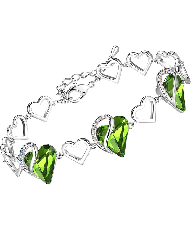 Leafael Infinity Love Heart Link Bracelets, Birthstone or Healing Stone Crystal Bracelet for Women, Silver Tone Jewelry Gifts for Her, 7-inch Chain and 2-inch Extender