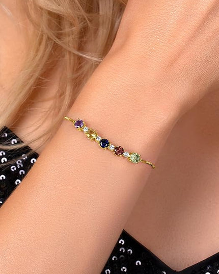 Gem Stone King 5.26 Cttw Customized Personalized 5-Stone Tennis Bracelet For Women | 18K Yellow Gold Plated Silver | Gemstone Birthstone | Adjustable Bolo Bracelet For Women | Easy-On Easy-Off