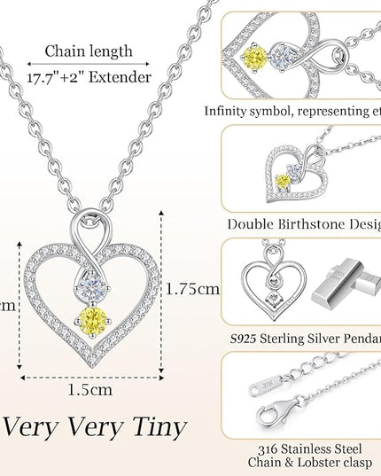 LOUISA SECRET Infinity Double Birthstone Necklace, 925 Sterling Silver Tiny Pendant Heart Necklace for Women Wife Her, Best Jewelry Gift Heart Jewelry Meaningful Gift for Valentine's Day, Christmas, Birthday Anniversary