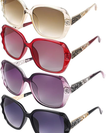 DragonflyDreams 4 Pcs Women Large Sunglasses, UV 400 Glasses Oversized Classic Trend Ladies Sunglasses Sparkling Large Frame