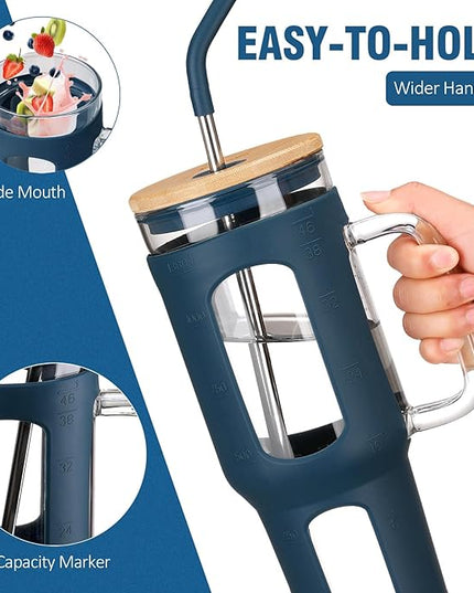 Glass Tumbler with Lid and Straw, 46 oz Iced Coffee Cup with Handle, Large Water Bottles with Silicone Sleeve, Glass Cup with Straws - Pearl Straw & Drinking Straw BPA Free-Blue