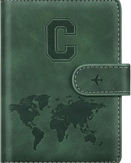 Personalized C Passport Holder Cover Initial Letter Travel Wallet RFID Blocking Passport Cover Credit Card Holder Case Passport Book Holders for Women and Men, Pine Green-C