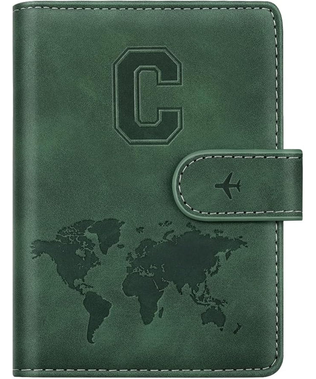 Personalized C Passport Holder Cover Initial Letter Travel Wallet RFID Blocking Passport Cover Credit Card Holder Case Passport Book Holders for Women and Men, Pine Green-C