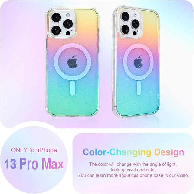 Glitter Case for iPhone 13 Pro Max Case for Women Girls [ Compatible with Magsafe ] Clear Cute Girly Aesthetic Iridescent Rainbow Sparkly Bling Magnetic Phone Cover, Gradient Blue & Pink