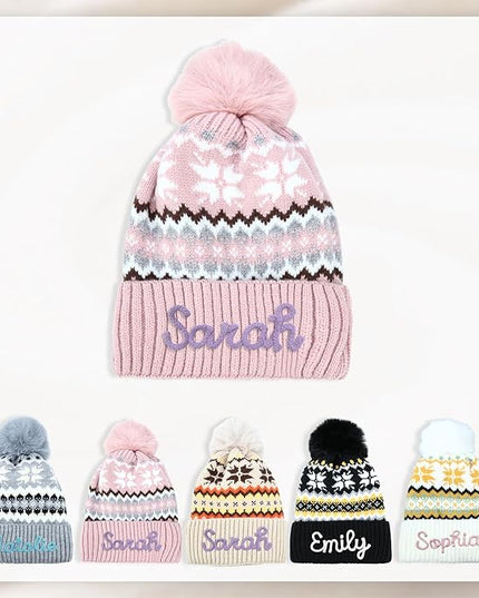 Personalized Beanie for Women Custom Knit with Name, Winter Hat with Pom Pom, Soft Lined Warm Hat, Birthday Gift