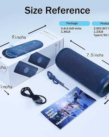 SOWO Portable Bluetooth Speaker, IPX7 Waterproof Wireless Bluetooth Speaker, Bassboom Technology, 25W Loud Stereo Sound, LED Light with TWS Pairing, 16H Playtime for Home and Outdoor -Blue