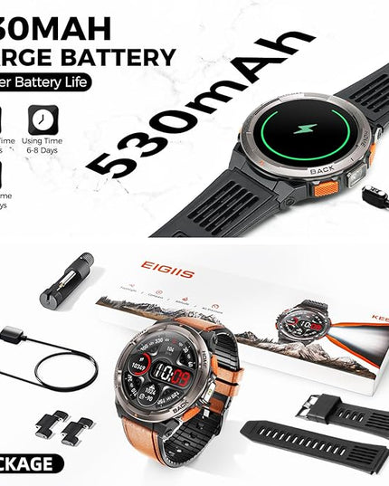 EIGIIS KE5 Military Smart Watch for Men with Flashlight SOS 3ATM Waterproof Watch 530mAh Big Battery 1.45" Rugged Tactical Smartwatch with Compass Elevation Barometer Fitness Watch for iPhone (Brown)