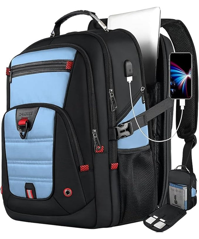 Z-MGKISS Big Backpack for Travel, 52L Large Anti-Theft Computer Backpack for Women Men, Heavy Duty Laptop Bag 17.3 Inch with USB Port, College Business Work Daypack, Lake Blue