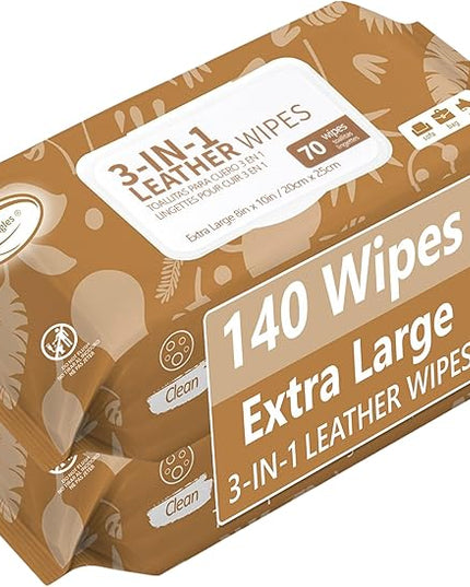 Air Jungles 3in1 Leather Wipes 140 Count, Extra Large 8" x 10" Size, Clean Condition Protect Wipes for Vinyl and Leather Apparel Furniture Auto Car Interior Shoes Boots Bags