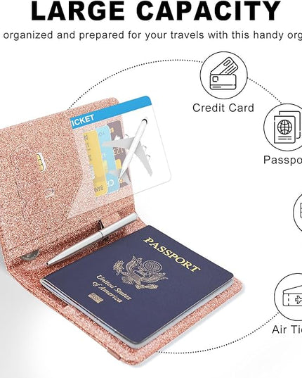 ACdream RFID BLOCKING Passport Holder Travel Wallet, Premium PU Leather Cover Passport Book with Card Holder, Pen Holder, Keep Organization, and Travel Essentials for Women and Men, Glitter Rose