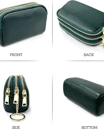 LINNO 3 Zippered Genuine Leather Coin Purse Triple Capacity Change Pouch Little Travel Wallet With Key Ring for Women