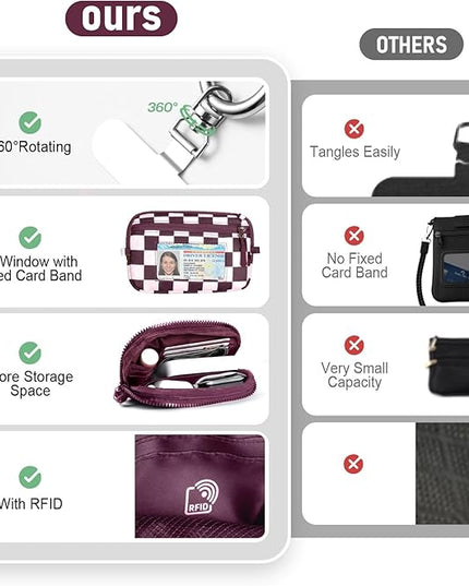 Clip and Go Strap for Phone with Wallet Crossbody Phone Lanyard and Detachable Checkered Bag with ID Window and RFID Pouch for Daily Travel.