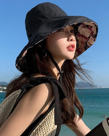 HUAMULAN Women Summer Sun Hat Wide Brim Wired Edge Floral Beach Bucket Hats Reversible Foldable Travel UV Protection Lady Hat