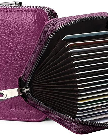 Linno RFID 20 Slots Credit Card Holder Genuine Leather Small Wallet for Women or Men with Zipper