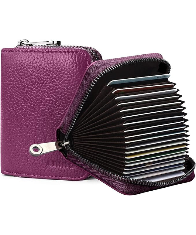 Linno RFID 20 Slots Credit Card Holder Genuine Leather Small Wallet for Women or Men with Zipper