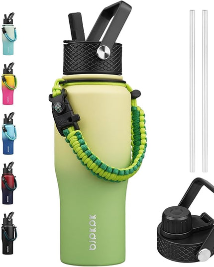 BJPKPK Insulated Water Bottles with Straw Lid, 23oz Metal Water Bottle with 2 lids & Paracord Strap, Double Wall Stainless Steel Vacuum Tumblers, Cups, Mugs, Thermo for Hot& Cold Drinks, Fresh Green