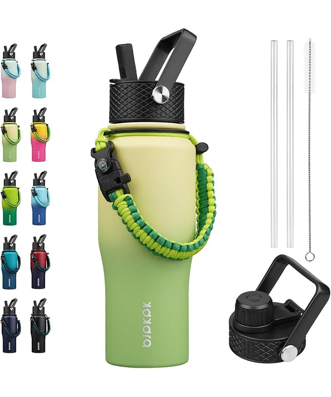 BJPKPK Insulated Water Bottles with Straw Lid, 23oz Metal Water Bottle with 2 lids & Paracord Strap, Double Wall Stainless Steel Vacuum Tumblers, Cups, Mugs, Thermo for Hot& Cold Drinks, Fresh Green
