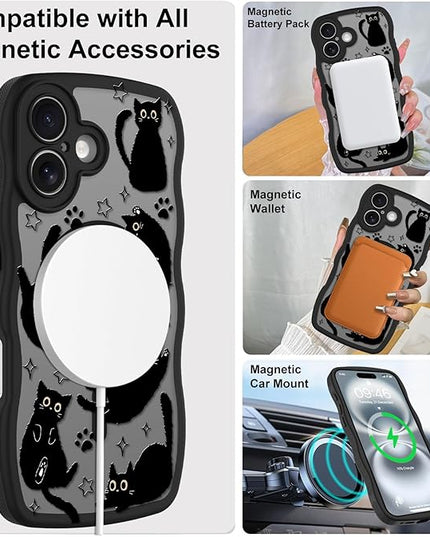 Cute Case for iPhone 16 Case [Compatible with MagSafe] with Kawaii Black Cats Cat Print Pattern Design for Women Girls, Soft Wavy Edge Anti-Slip Animal Magnetic Protective Phone Cover