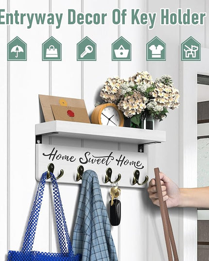 buways Wall-Mounted Key and Mail Holder, Wooden Key Rack with 4 Double Key Hooks, Rustic Home Decor for Entryway(White)