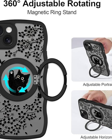 Wavy Case for iPhone 14 Plus Case with Stand [Compatible with MagSafe] Cute Black Cat & Floral & Butterflies Pattern Design, Kawaii 360 Magnetic Ring Kickstand Phone Cover for Women Girls