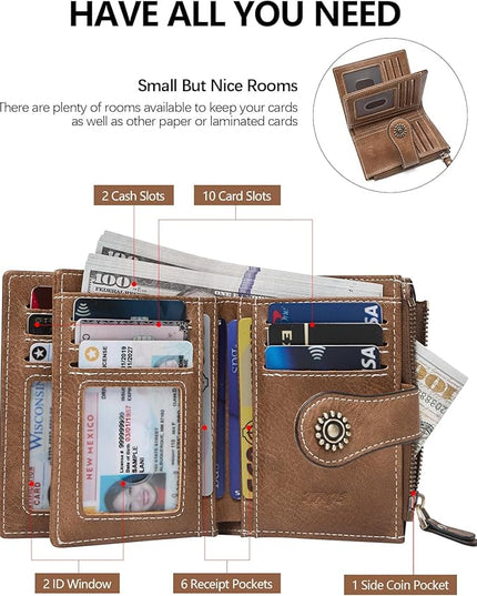 TFKGS RFID Wallet Women Small Wallets Card Holder Wallet for Women Leather Slim Bifold Compact Ladies Zipper Coin Pocket with ID Window Birthday Christmas Gifts Brown
