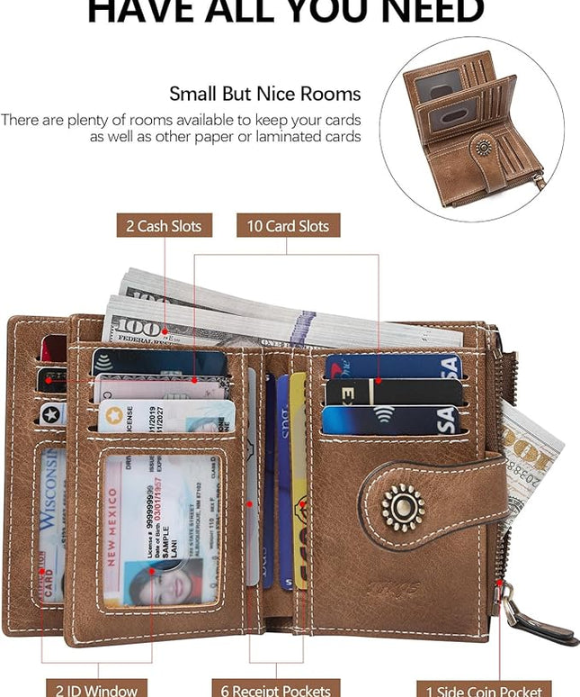 TFKGS RFID Wallet Women Small Wallets Card Holder Wallet for Women Leather Slim Bifold Compact Ladies Zipper Coin Pocket with ID Window Birthday Christmas Gifts Brown