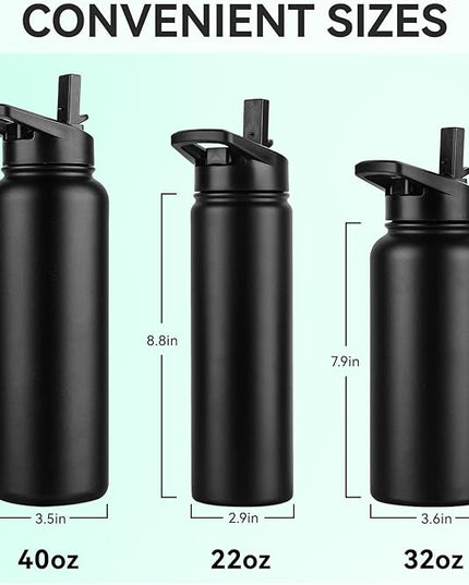 DOMICARE 32 oz Insulated Water Bottle, Vacuum Insulated Stainless Steel Sports Water Bottle with Straw Lid & Spout Lid, Leakproof, Reusable - Travel, Camping, Bike, Black
