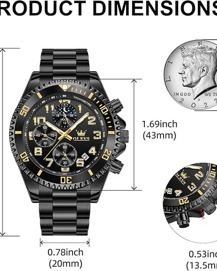 OLEVS Mens Watches Chronograph Watch Luxury Dress Stainless Steel Waterproof Watches for Men Moon Phase Luminous Business Calendar Wrist Watch Blue/Black/Green/Gold/Face