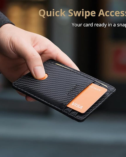 Buffway Slim Minimalist Front Pocket RFID Blocking Leather Wallets for Men and Women - Carbon Fiber Black