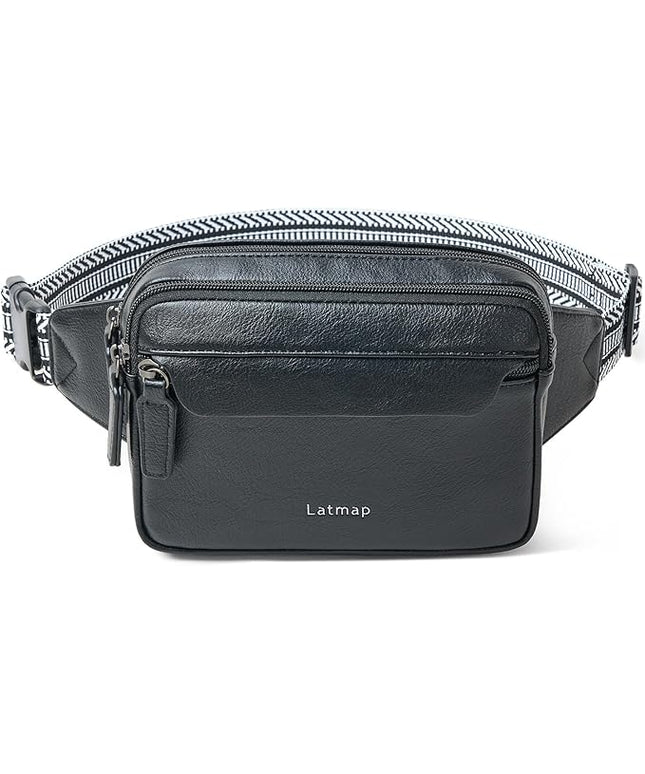 LATMAP 3L Fanny Packs for Women Cross Body Bag Vegan Leather Chest Belt Bag Fashion Waist Pack Small Bum Bag Crossbody for Travel Running Workout, Black