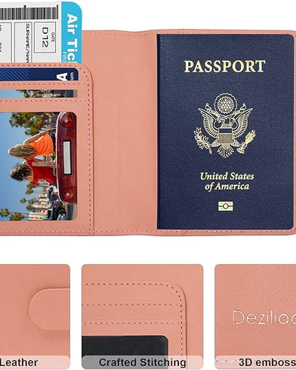 Deziliao Faux Leather Passport and Vaccine Card Holder, Pink, Waterproof, Rfid Blocking, Slim, Unisex