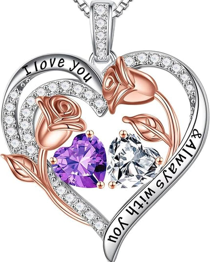 Iefil Christmas Gifts for Women Wife - 925 Sterling Silver Rose Heart Birthstone Necklace Birthday Anniversary Jewelry Gifts for Her Wife Mom Daughter