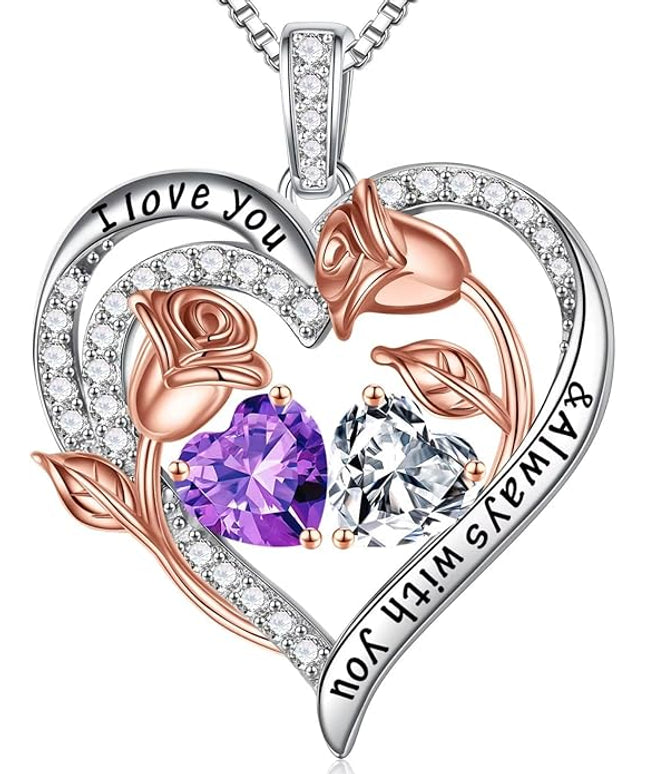 Iefil Christmas Gifts for Women Wife - 925 Sterling Silver Rose Heart Birthstone Necklace Birthday Anniversary Jewelry Gifts for Her Wife Mom Daughter