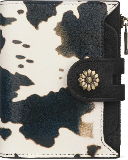 Blucoay Wallet Women,RFID Blocking Leather Womens Wallet Bifold Compact Card Holder Small Wallet for Women with Removable ID Window cowprint black