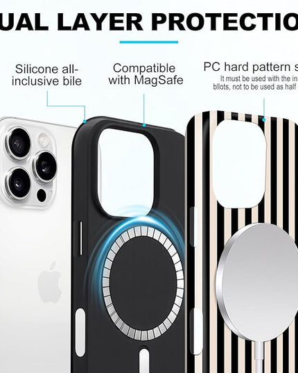 Magnetic for iPhone 13/14 Case Cute Stripes Phone Case, Shockproof Slim TPU and Hard PC Protective Phone Cover Compatible with MagSafe Designed for Women Girls, Black and White
