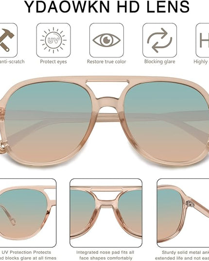 YDAOWKN Retro Square Aviator Sunglasses for Womens Mens Vintage 70s Double Bridge Sun Glasses