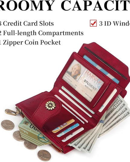 Blucoay Womens Wallet,RFID Blocking Wallet Women Soft Leather Bifold Small Wallets For Women Card Holder With Removable ID Window(red)