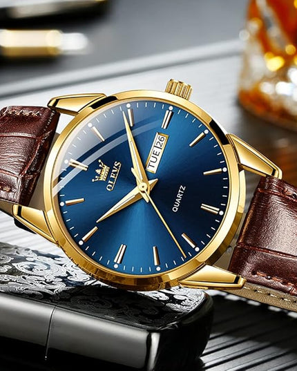 OLEVS Watches for Men Brown Leather Gold Case Analog Quartz Fashion Business Dress Watch Day Date Luminous Waterproof Casual Male Wrist Watches