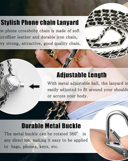 Cell Phone Lanyard Phone Crossbody Chain, Adjustable Phone Straps,Leather+Metal Shoulder Strap Cellphone Chain with Tether Patches Compatible with Most Phones Bag Purse Black