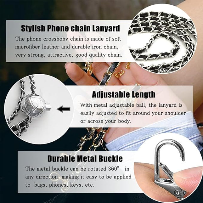 Cell Phone Lanyard Phone Crossbody Chain, Adjustable Phone Straps,Leather+Metal Shoulder Strap Cellphone Chain with Tether Patches Compatible with Most Phones Bag Purse Black