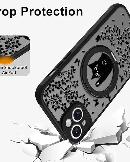 Cute Case for iPhone 14 Plus Case with Stand [ Compatible with MagSafe ] Kawaii Black Cat & Floral & Butterflies Pattern Design 360 Magnetic Ring Kickstand Phone Cover for Women Girls Boys
