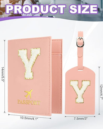 PATIKIL Passport Holder for Travel, Initial Passport Cover and Luggage Tag Set with Alphabet Chenille Letter Patch Travel Wallet Bag Suitcase Identifier for Women Family Travel Pink Y